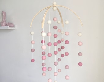 Girls pink rainbow Felt ball Pom Pom mobile - arched mobile- baby nursery mobile - felt ball nursery decor - crib mobile -