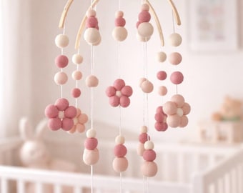 Pink Daisy Baby Mobile: Felt Ball Nursery Decor - baby shower gift