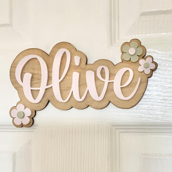 Daisy Layered Wood & Acrylic Name Sign - Personalised Girl's Room Decor