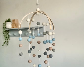 Contemporary blue and grey felt ball  mobile -  baby nursery mobile - felt ball nursery decor - crib mobile - colourful baby mobile