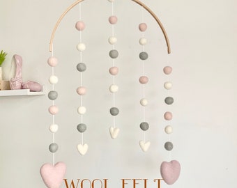 Cascading heart and felt ball arched mobile / girls pink Pom Pom mobile