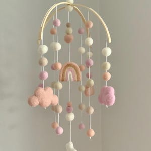 Blush Rainbow Felt Ball Mobile: Cloud Nursery Decor