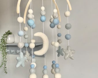 Moon and star baby blue felt ball mobile / boys nursery mobile / moon and star cascading mobile