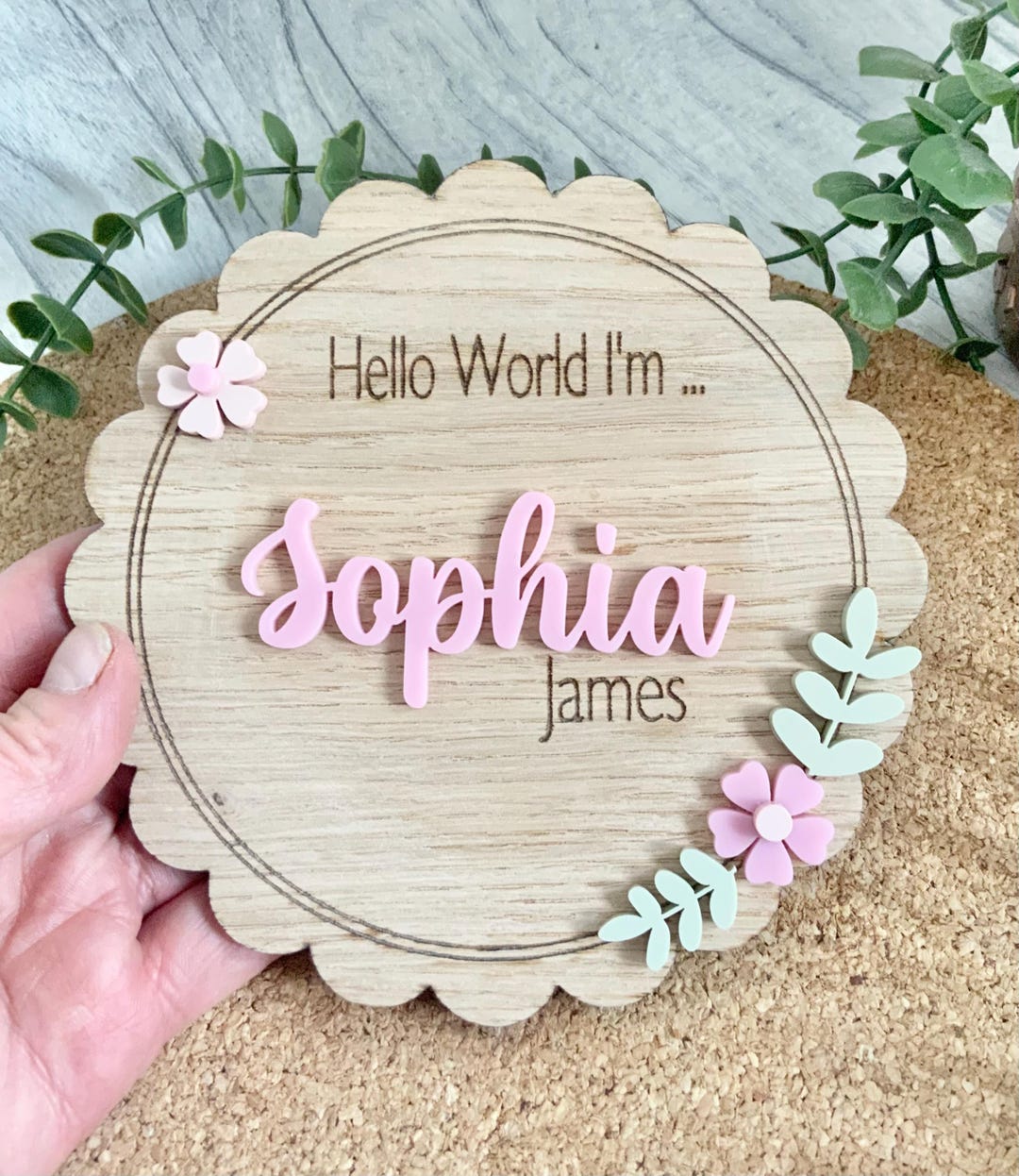 Personalised Wooden Birth Announcement Sign, Floral Baby Name Plaque ...