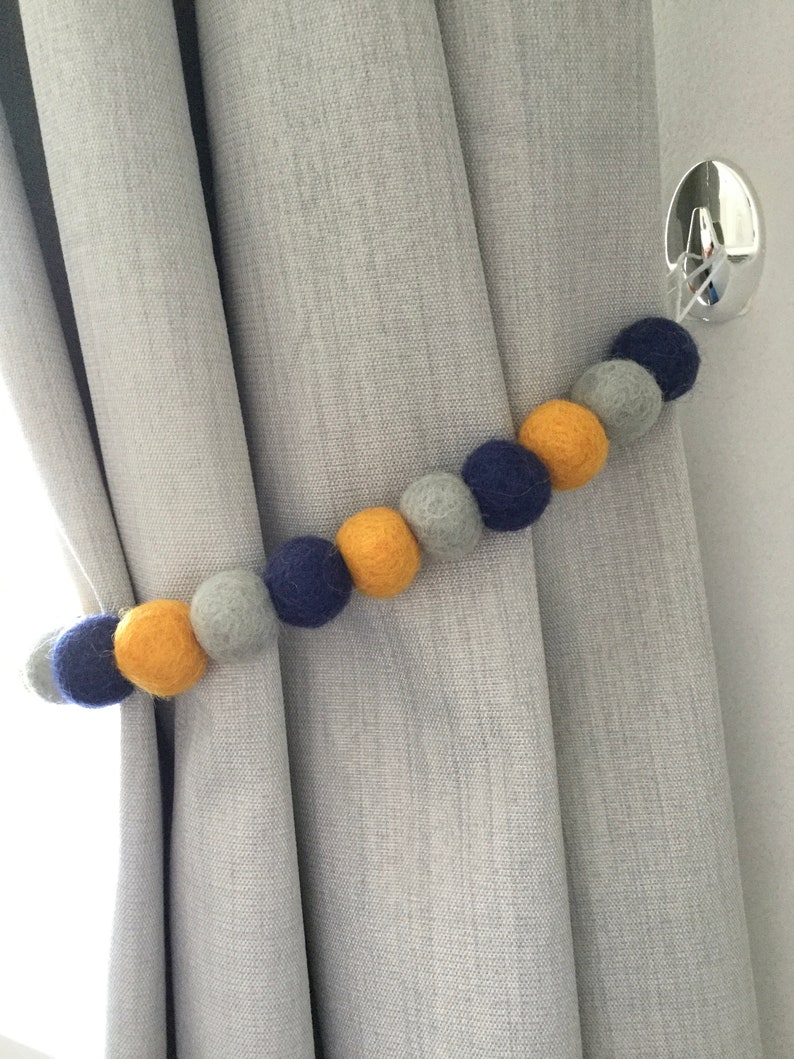 Navy Mustard and Grey Felt Ball Tie Back / Pom Pom Tie Back / Etsy
