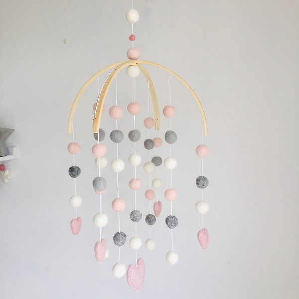 Pink and grey, heart Pom Pom baby mobile/ girls nursery mobile /pastel baby mobile