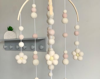 Daisy Baby Mobile: Felt Ball & Merino Wool Nursery Decor