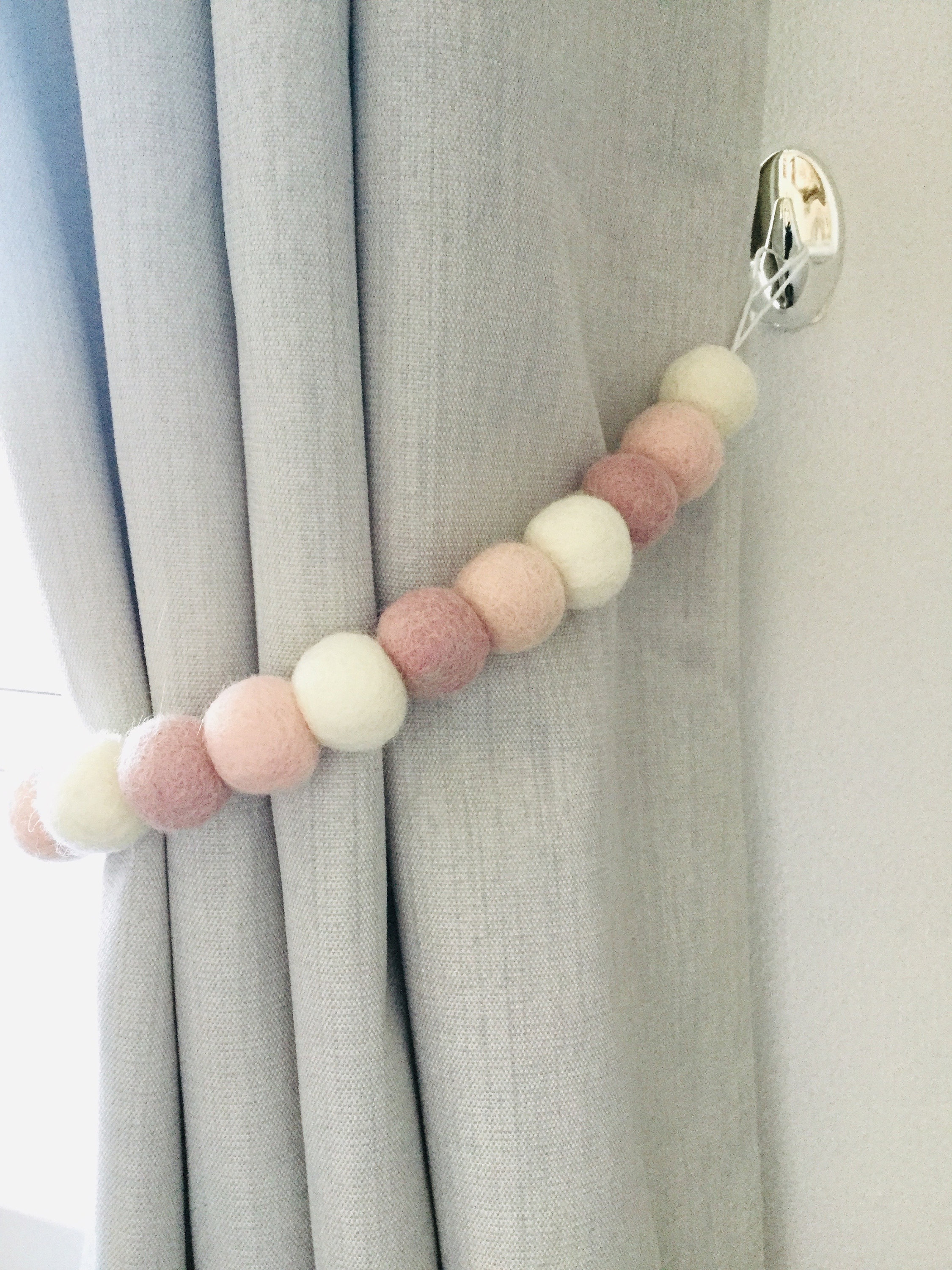 Blush pink felt ball tie backs / girls blush curtain tie backs