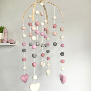 Felt Ball Nursery Mobile: Pink, Grey & White Hearts Decor