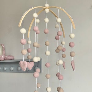 Blush Pink Baby Mobile: Wool Felt Balls, Bamboo Arch