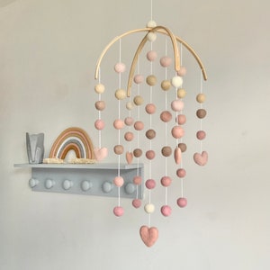 Wooden arched blush heart felt ball nursery mobile baby girl felt ball nursery decor crib mobile colourful baby mobile image 3