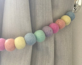 Pastel Rainbow felt ball tie back / pastel Pom Pom tie back / curtain tie backs