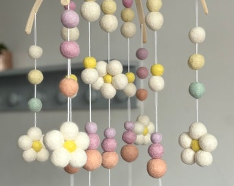 Daisy Baby Mobile: Pastel Rainbow Felt Ball Nursery Decor