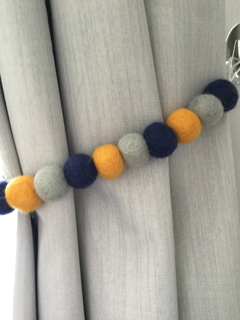 Navy Mustard and Grey Felt Ball Tie Back / Pom Pom Tie Back / Etsy