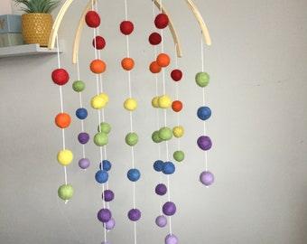 Rainbow Felt Ball Nursery Mobile: Contemporary Baby Decor