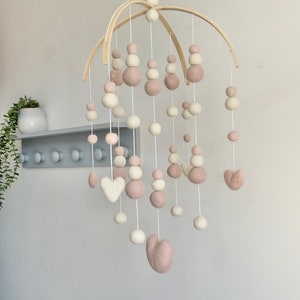 Baby pink and ivory heart felt ball mobile / baby pink felt ball arched bamboo