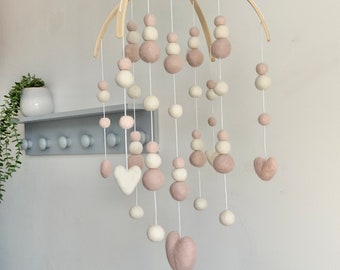 Baby Pink Felt Ball Mobile: Wool Heart Nursery Decor