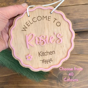 Personalized Play Kitchen Sign: Oak Veneer & Acrylic, Daisy Detail