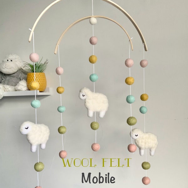 Felted lamb felt ball mobile / baby lamb Pom Pom mobile