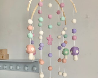 Pastel toadstool felt ball nursery mobile / pastel arched baby mobile