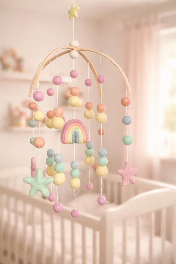 Pastel Rainbow Baby Mobile: Felt Ball Nursery Decor, Arched Bamboo Hanger