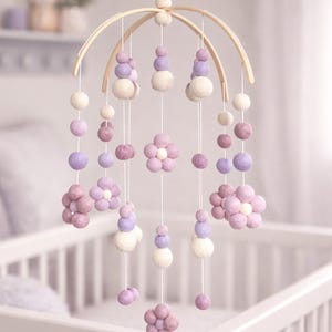 Lilac Daisy Baby Mobile: Felt Ball Nursery Decor