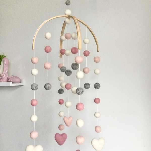 Wooden arched Pink heart felt ball nursery mobile  - baby girl  felt ball nursery decor - crib mobile - colourful baby mobile
