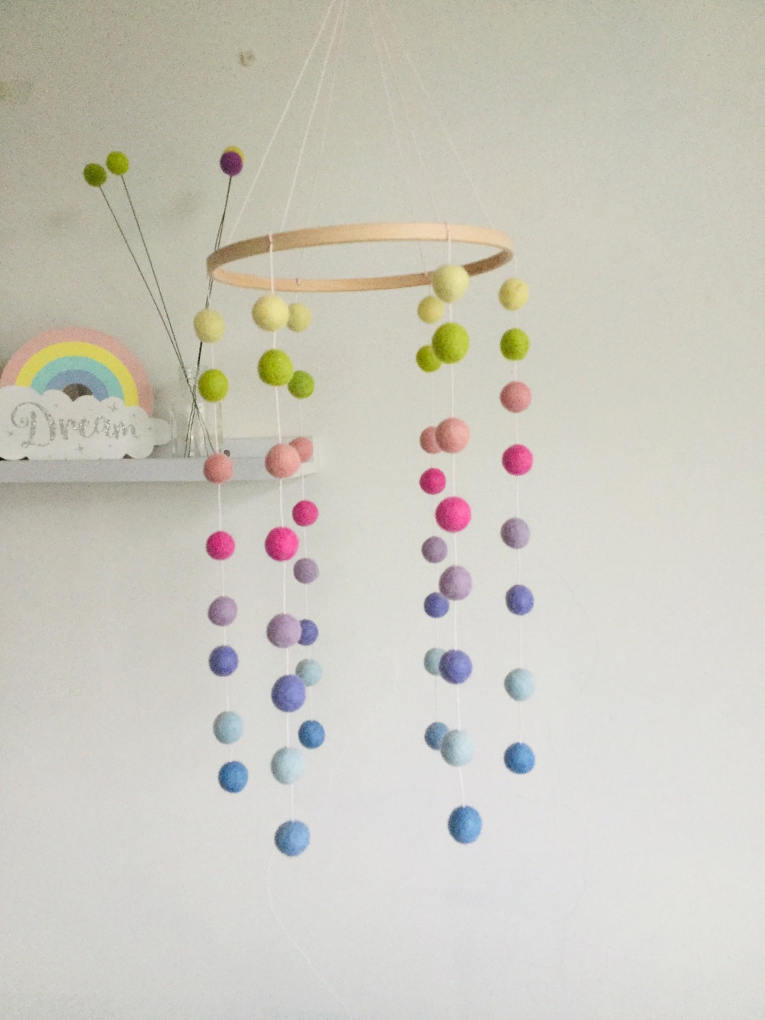 Contemporary Baby Cot Mobile /felt Ball Mobile / Pastel Rainbow Nursery