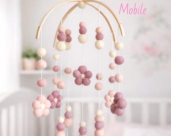 Blush Daisy Baby Mobile: Felt Ball Floral Nursery Decor