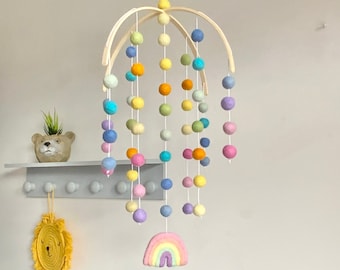Pastel Rainbow Felt Ball Mobile, Handmade Nursery Decor