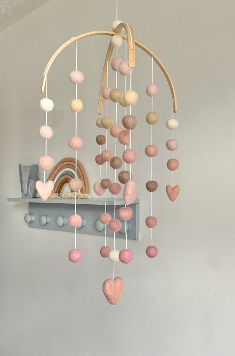 Wooden arched blush heart felt ball nursery mobile baby girl felt ball nursery decor crib mobile colourful baby mobile image 2