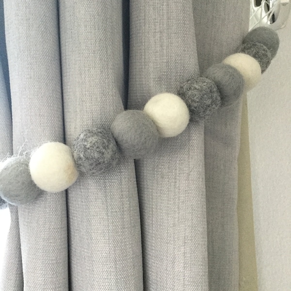 Grey felt ball tie back - grey and white Pom Pom tie back / curtain tie backs