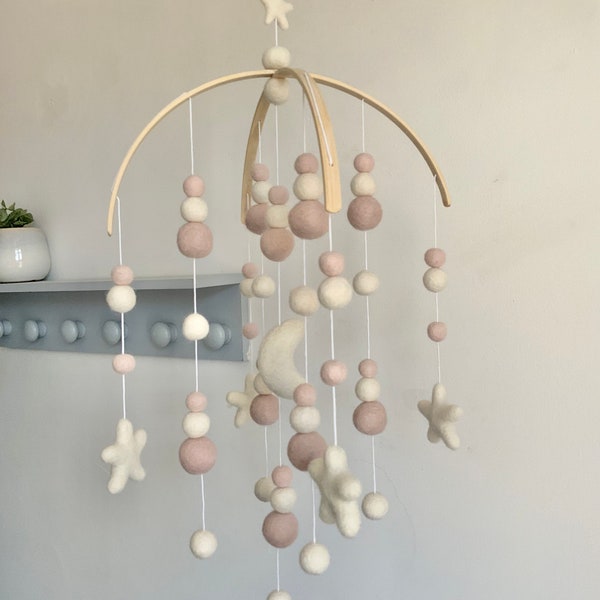 Baby pink and ivory moon and felt ball mobile / baby pink arched nursery mobile