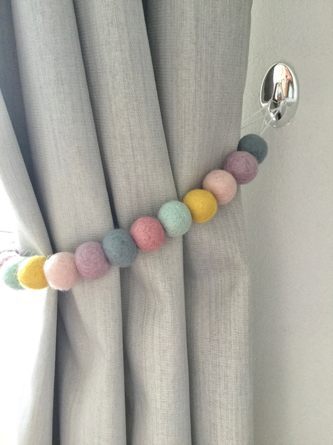 Muted Rainbow Felt Ball Tie Back / Pom Pom Tie Back / Curtain Tie Backs