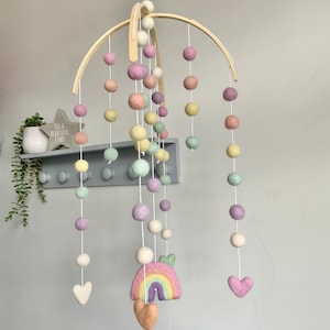 Pastel rainbow Feltball mobile /cascading arched baby mobile
