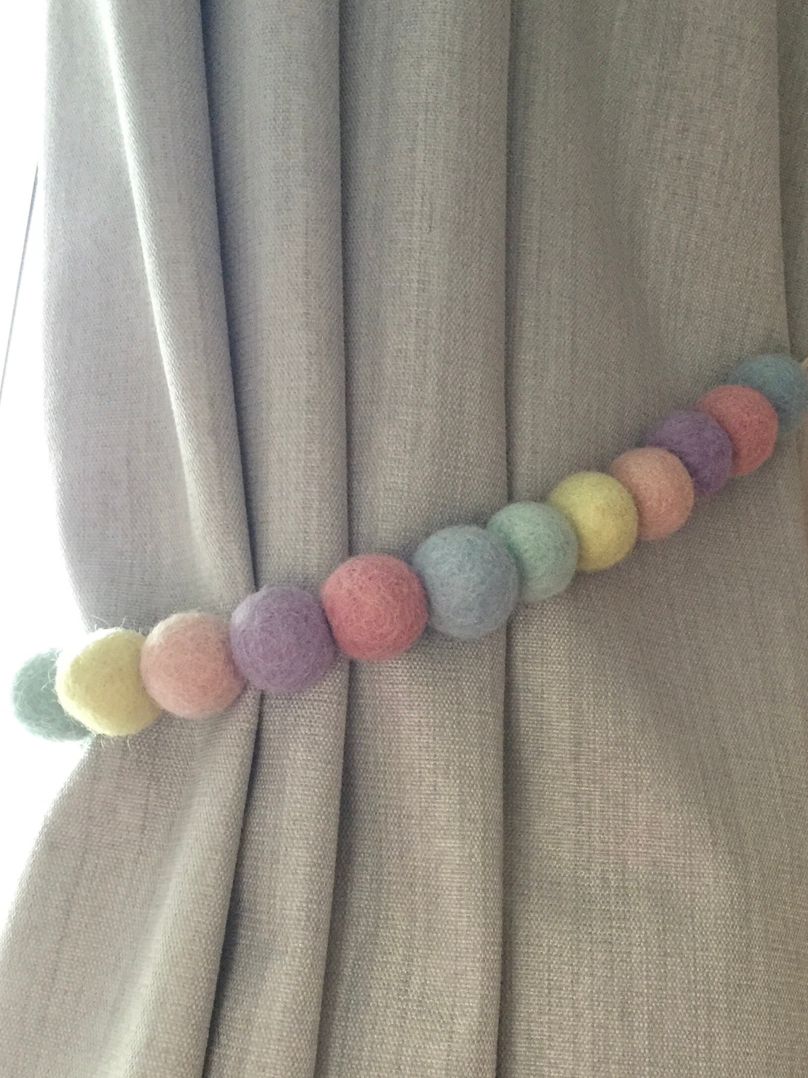 Pastel Rainbow Felt Ball Tie Back / Pastel Pom Pom Tie Back / Etsy