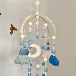 Blue Moon & Cloud Baby Mobile: Felt Ball Nursery Decor