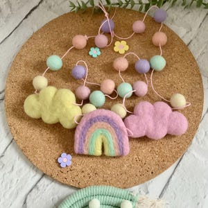 Pastel rainbow  and cloud felt ball garland / pastel pom pom bunting / rainbow and cloud decor / baby shower gift