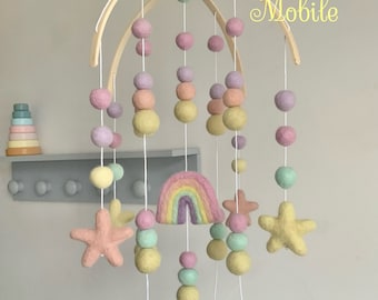 Pastel rainbow and star felt ball mobile / contemporary cascading baby mobile