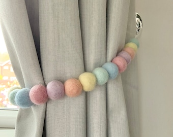 Pastel Rainbow felt ball tie back / pastel Pom Pom tie back / curtain tie backs