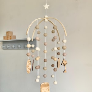 Surf Theme Baby Mobile: Felt Balls, Wooden Surfboards & Camper Van