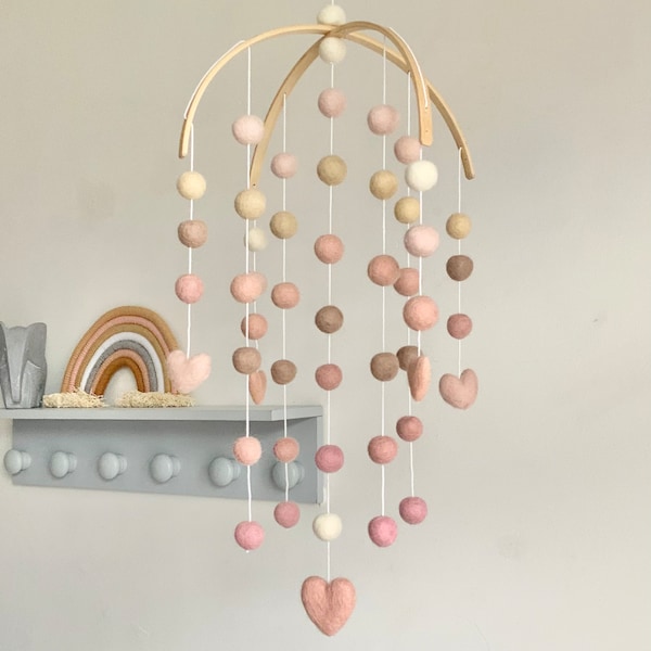 Wooden arched blush heart felt ball nursery mobile  - baby girl  felt ball nursery decor - crib mobile - colourful baby mobile