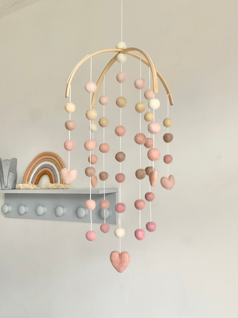 Wooden arched blush heart felt ball nursery mobile baby girl felt ball nursery decor crib mobile colourful baby mobile image 1