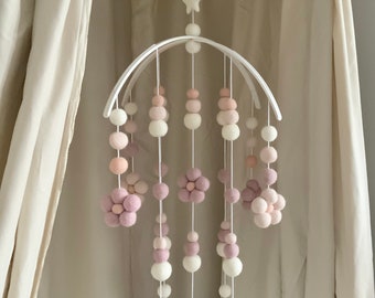 Blush daisy baby mobile /blush  flower felt ball cot mobile , pastel pink daisy arched nursery mobile / contemporary flower mobile