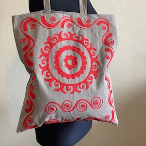 Embroidered Eco-Bag with Red Floral Design