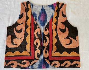 Embroidered Child's Vest, Vintage Ikat & Cotton, Size 5-6
