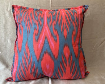 Pink and Blue Ikat Pillow Cover, Handmade 18x18
