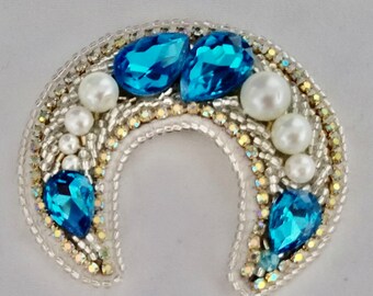Handmade Moon Brooch, Beaded Crescent Pin with Stones