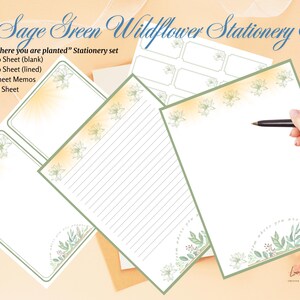 Juego de papelería primaveral con flores silvestres verde salvia. Florece donde estás plantado. 4 hojas a juego: 1 en blanco, 1 con líneas, 2 de media página y 1 hoja de 18 etiquetas.