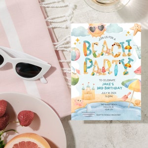 Boho Strand-Party Einladung | Geburtstagseinladung Strand Junge | Druckbar | Du bearbeitest Canva Vorlage | Sofortdownload | STRAND01